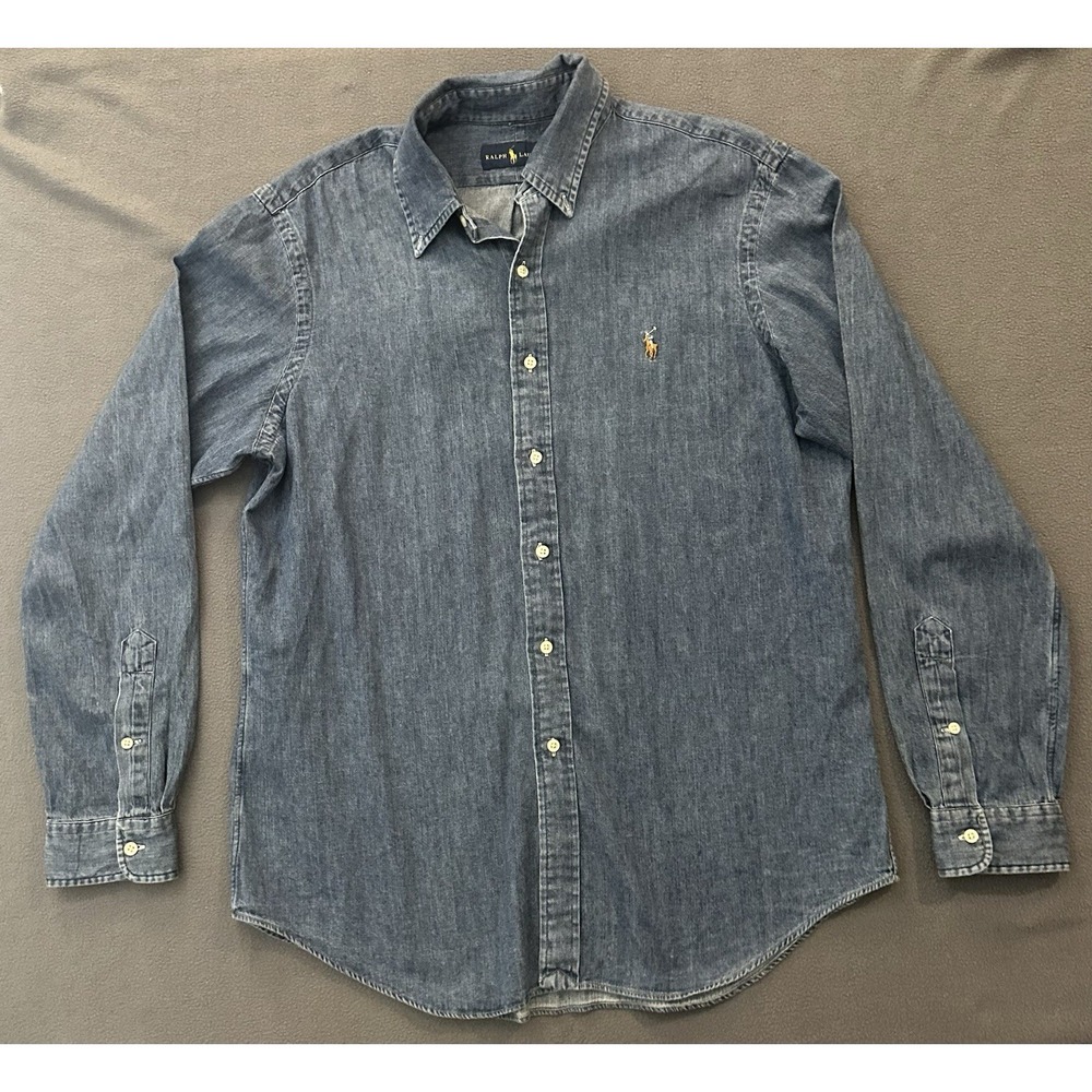 Ralph Lauren Mens Large Denim Shirt Blue Long Sleeve Flesh Pony Logo